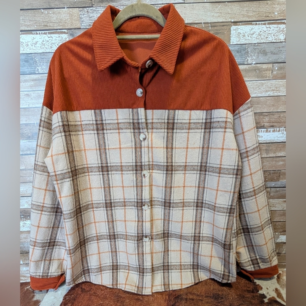 New Rust Cordoroy/Plaid Flannel Button Down